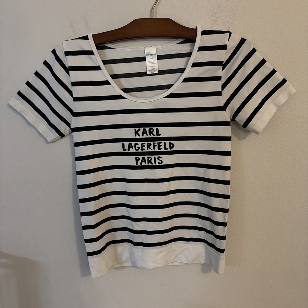 Karl lagerfeld‎ Embroidery Black & White Stripes  T-shirt Sz L
